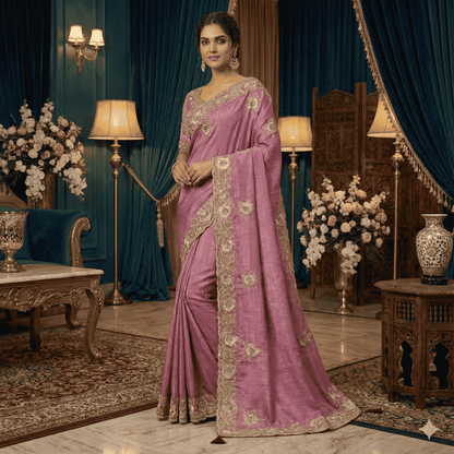 Dusty Rose Organza Saree with Golden Embroidery | Elegant Party Wear Saree