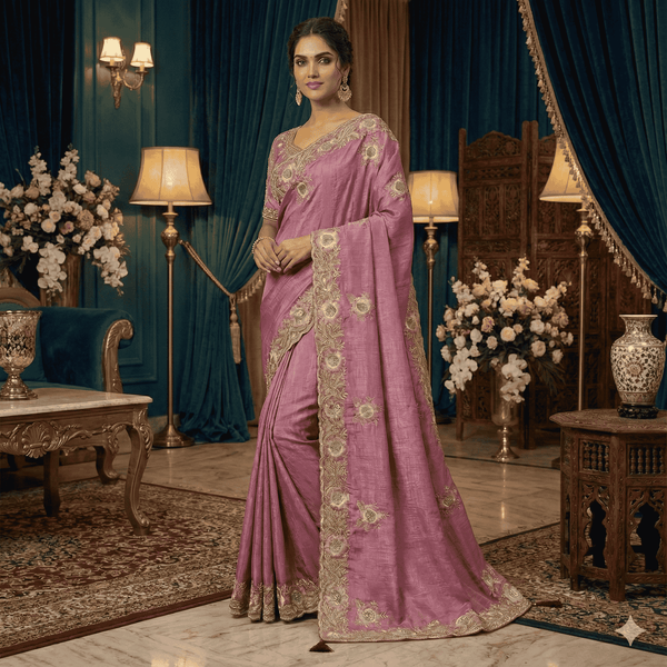 Dusty Rose Organza Saree with Golden Embroidery | Elegant Party Wear Saree