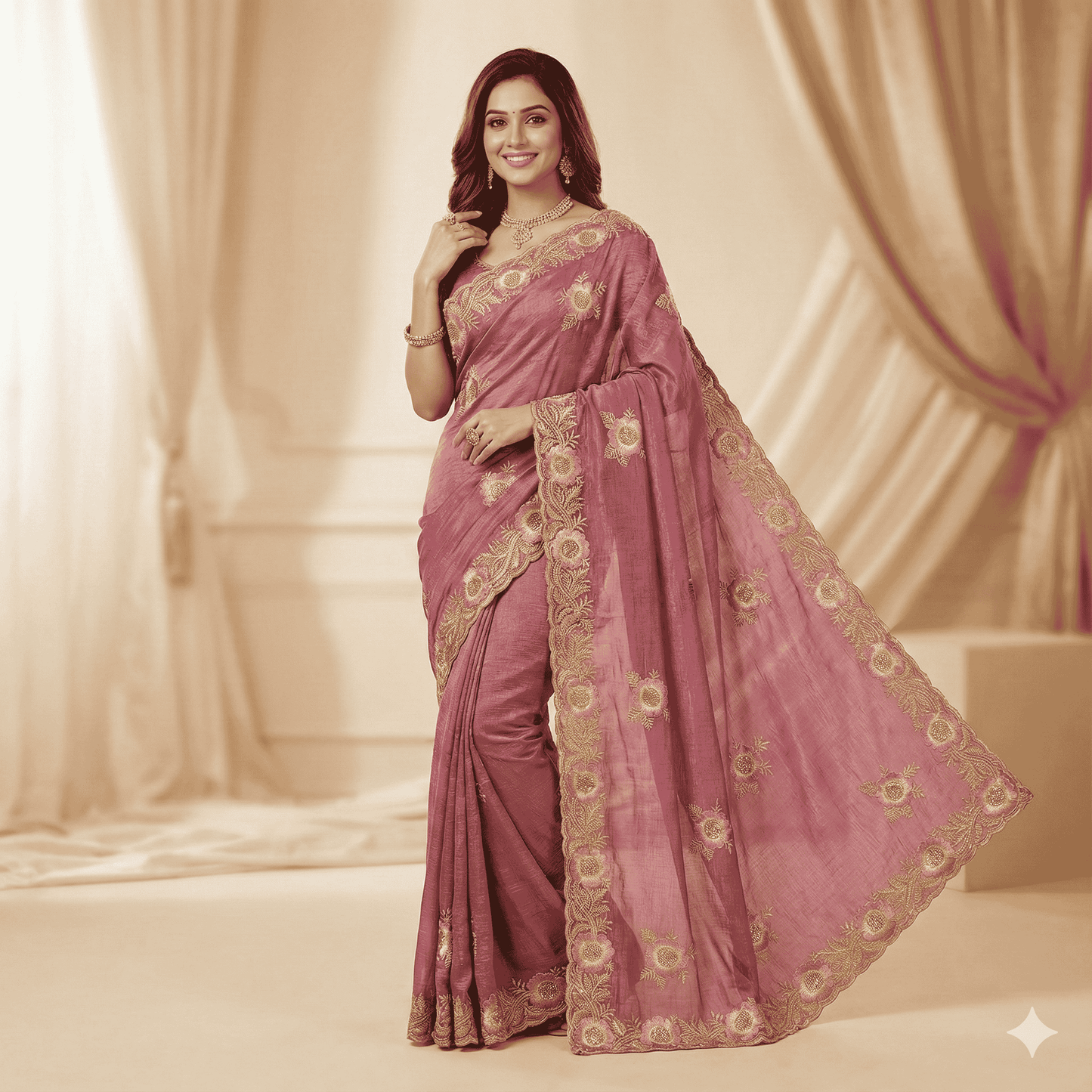 Dusty Rose Organza Saree with Golden Embroidery | Elegant Party Wear Saree