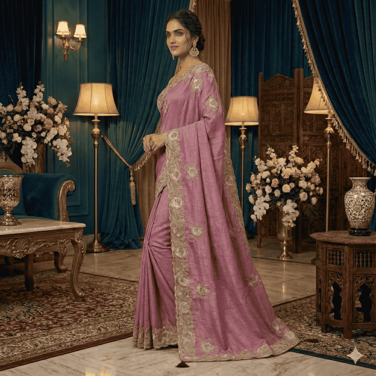 Dusty Rose Organza Saree with Golden Embroidery | Elegant Party Wear Saree