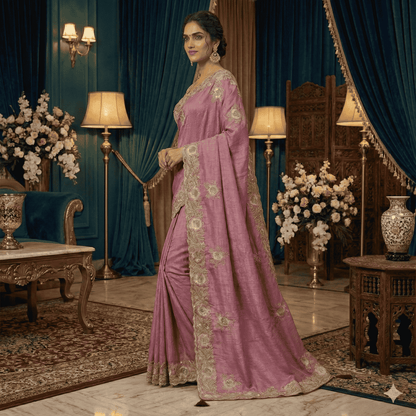 Dusty Rose Organza Saree with Golden Embroidery | Elegant Party Wear Saree