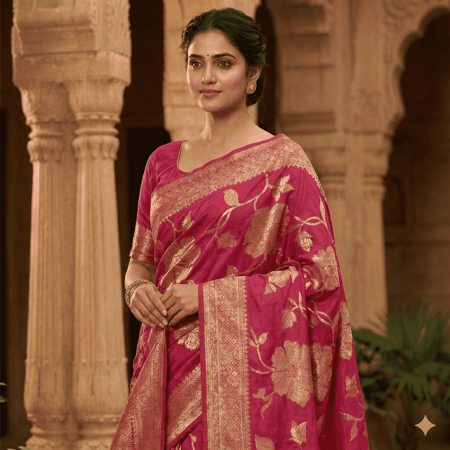 Magenta Banarasi Silk Saree with Golden Floral Weave | Traditional Handloom Saree