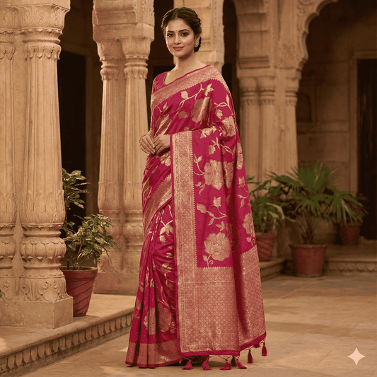 Magenta Banarasi Silk Saree with Golden Floral Weave | Traditional Handloom Saree