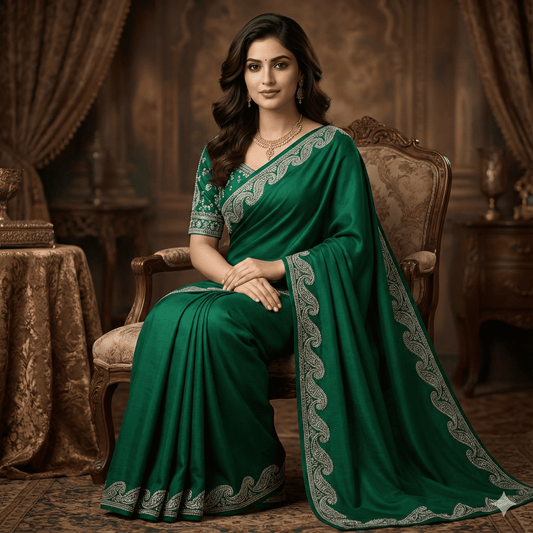 Teal Green Saree with Golden Paisley Border Embroidery - Elegant Indian Ethnic Wear
