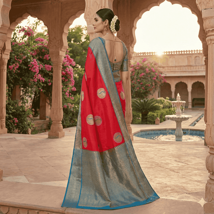 Red Banarasi Silk Saree with Blue Border & Gold Buti