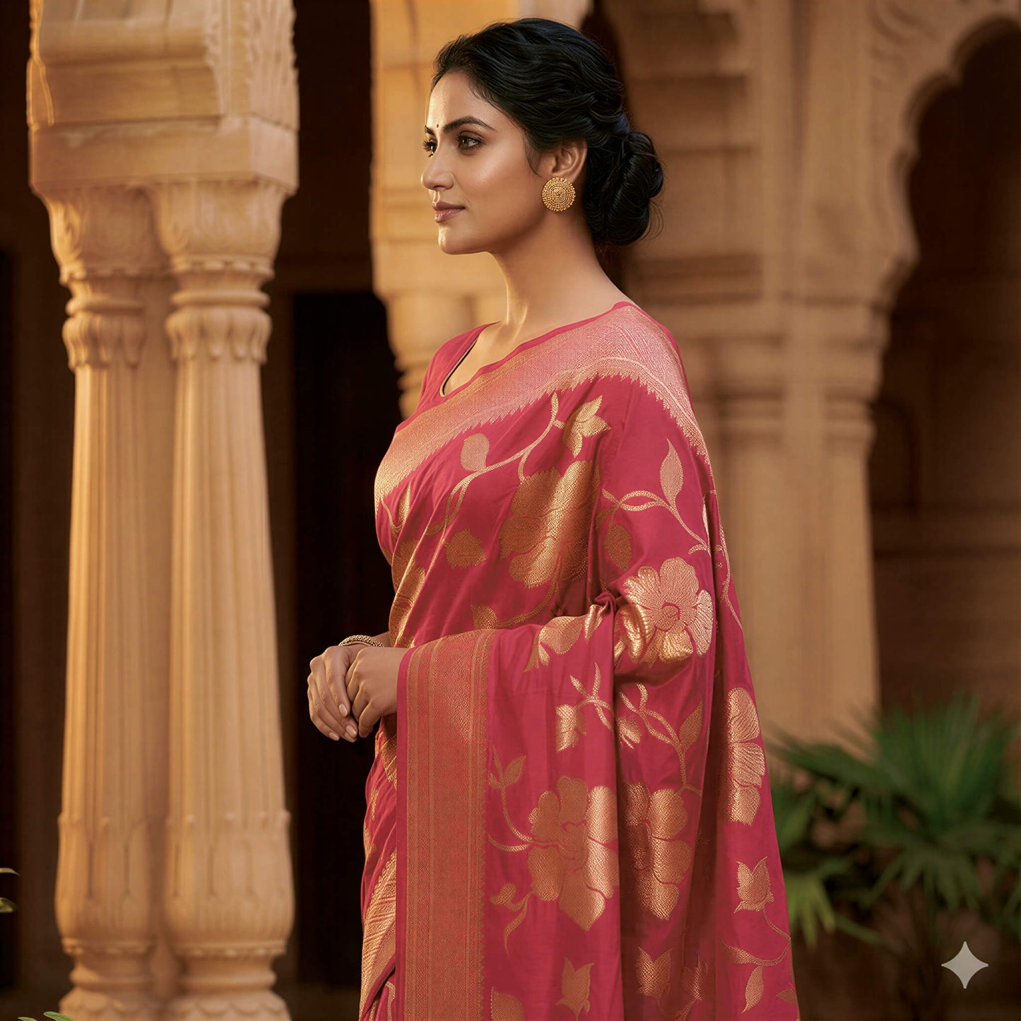 Magenta Banarasi Silk Saree with Golden Floral Weave | Traditional Handloom Saree