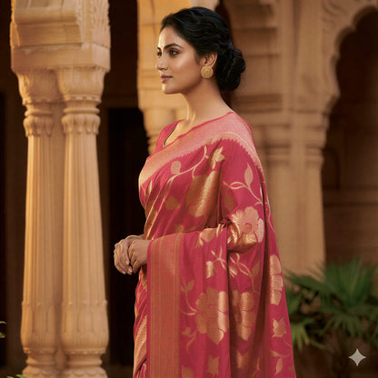 Magenta Banarasi Silk Saree with Golden Floral Weave | Traditional Handloom Saree