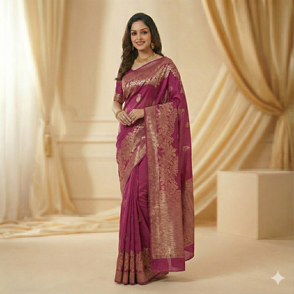 Wine Purple Silk Saree with Golden Zari Work | Traditional Banarasi Style Saree
