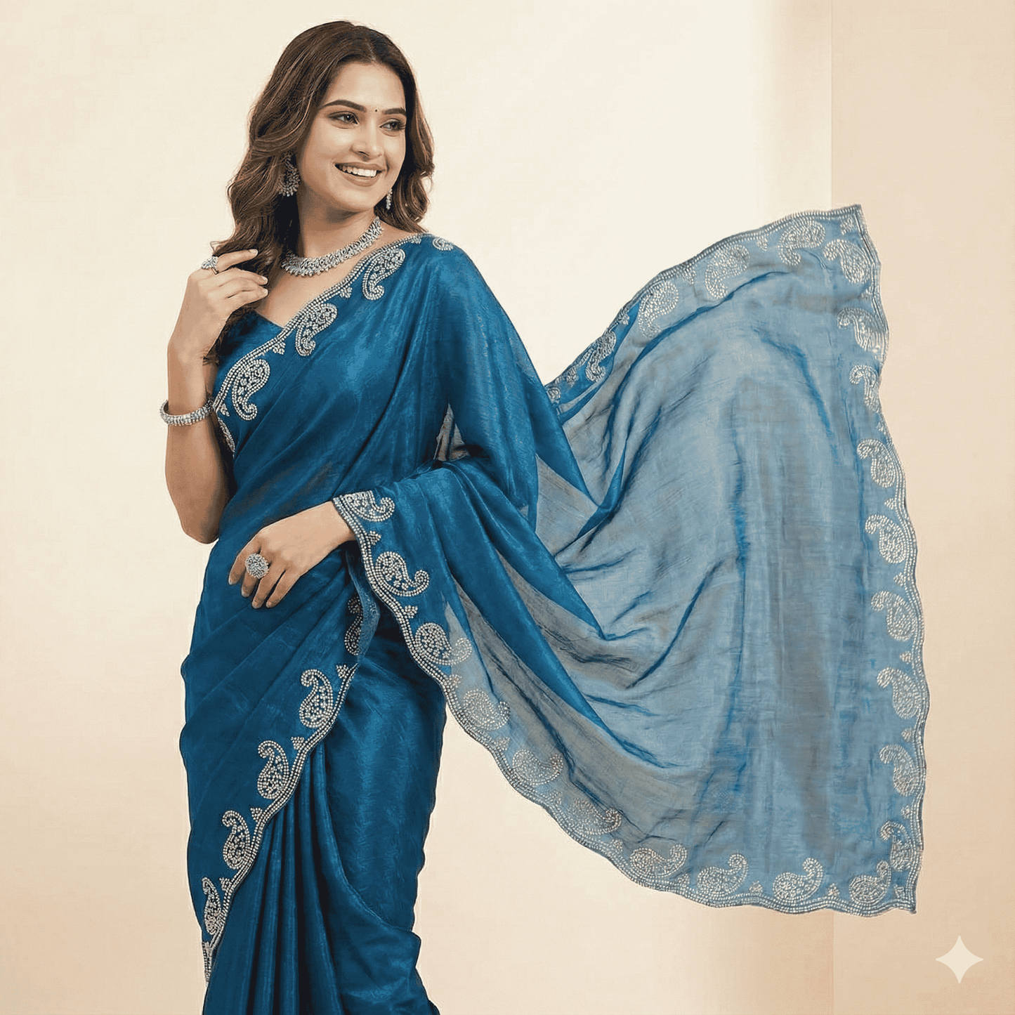 Peacock Blue Silk Saree with Silver Embroidered Border | Elegant Party Wear Saree