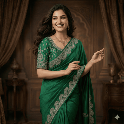 Teal Green Saree with Golden Paisley Border Embroidery - Elegant Indian Ethnic Wear