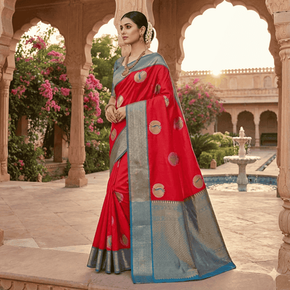 Red Banarasi Silk Saree with Blue Border & Gold Buti