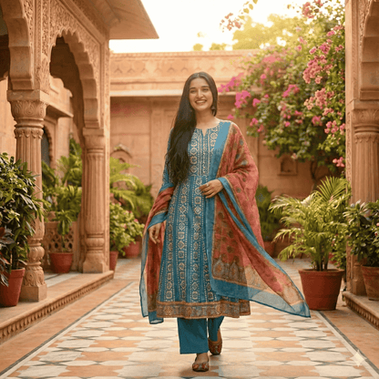 Printed Salwar Suit Material with Embroidered Dupatta