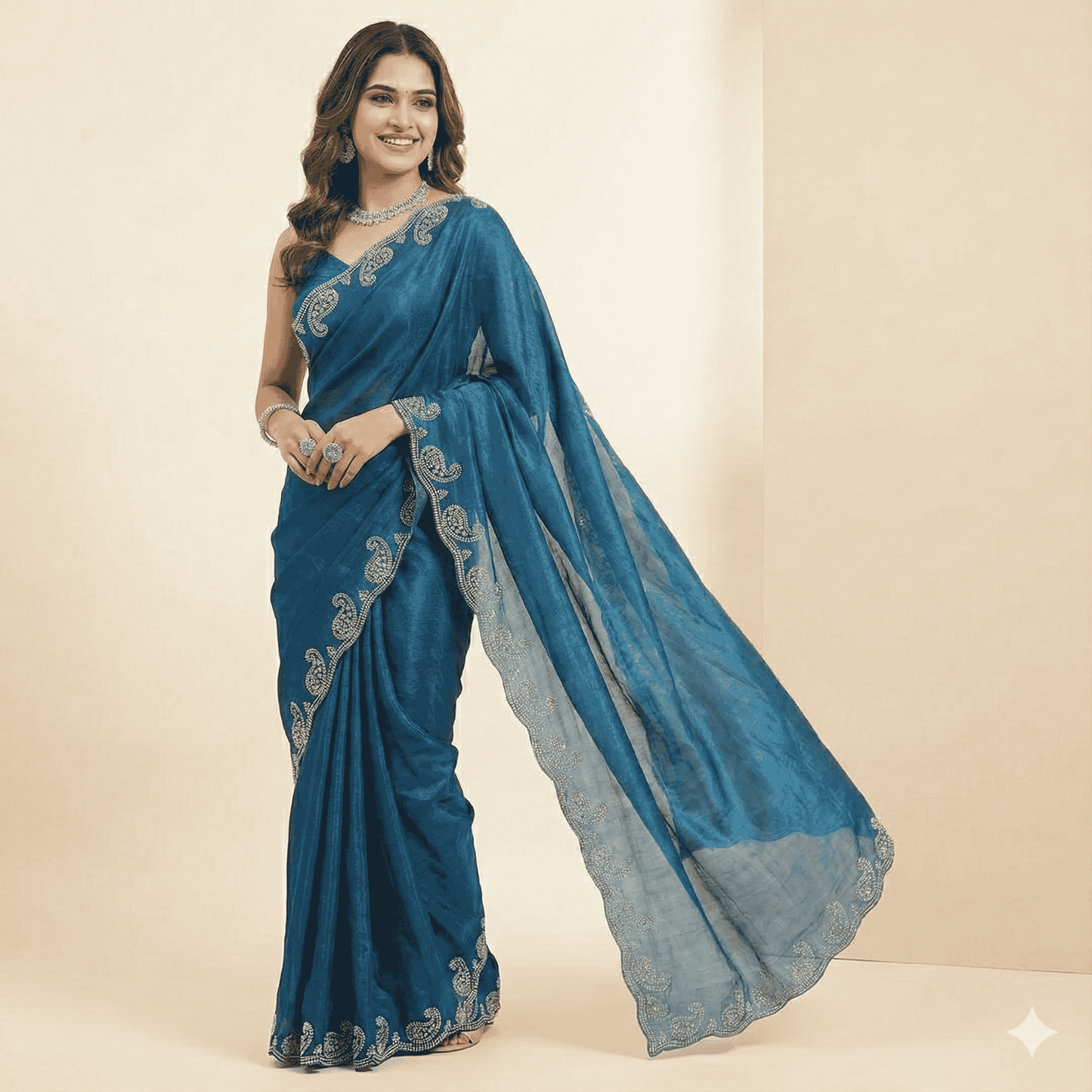 Peacock Blue Silk Saree with Silver Embroidered Border | Elegant Party Wear Saree