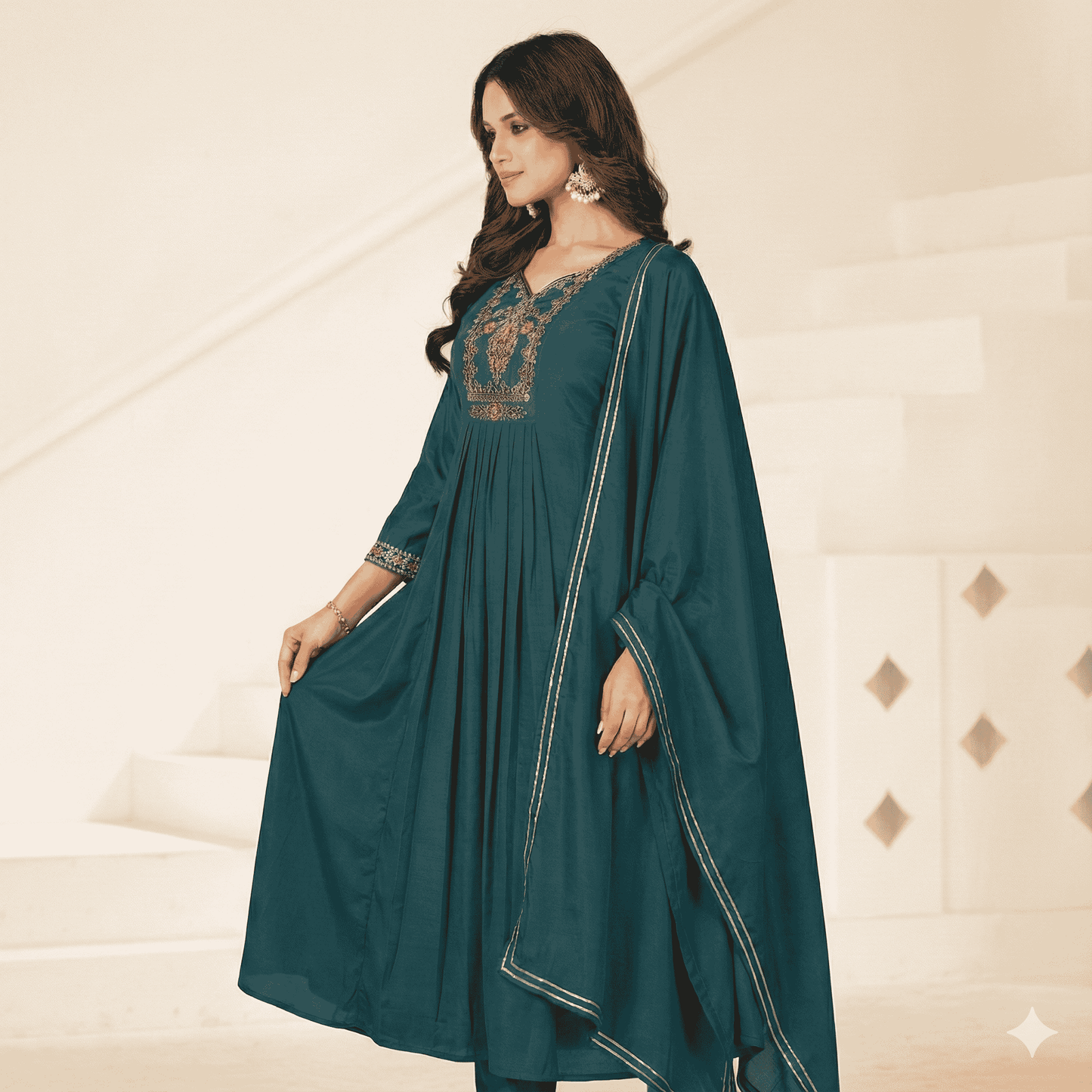 Anarkali Suit Set with Embroidered Yoke & Dupatta | Elegant Ethnic Wear