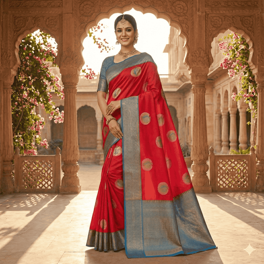 Red Banarasi Silk Saree with Blue Border & Gold Buti