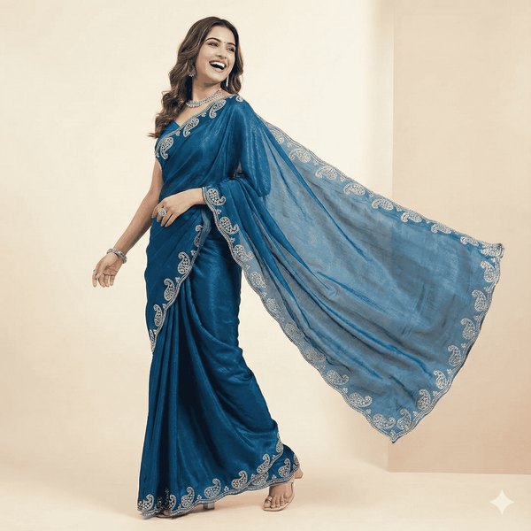 Peacock Blue Silk Saree with Silver Embroidered Border | Elegant Party Wear Saree