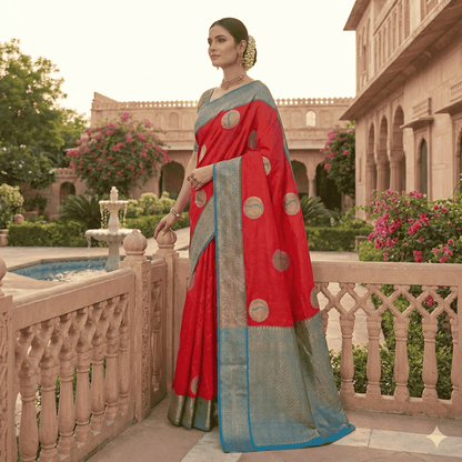 Red Banarasi Silk Saree with Blue Border & Gold Buti