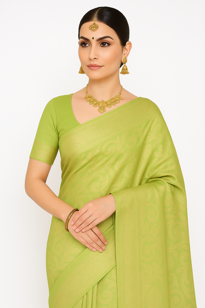 Radiant Green Cotton Silk Saree with Golden Zari Work